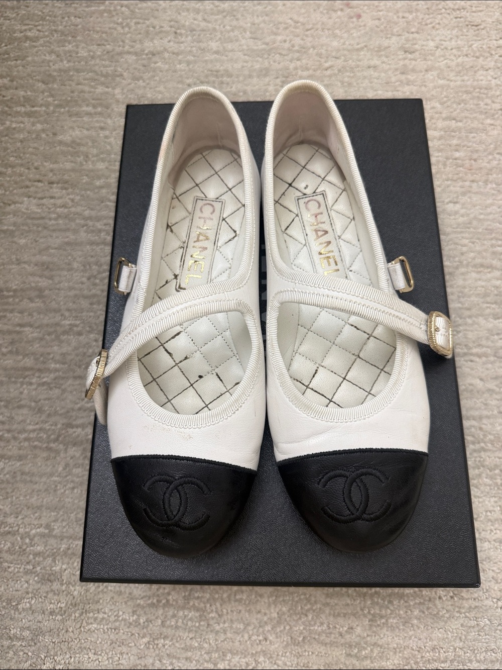 CHANEL White and Black Mary Jane Cap-Toe Ballet Flats